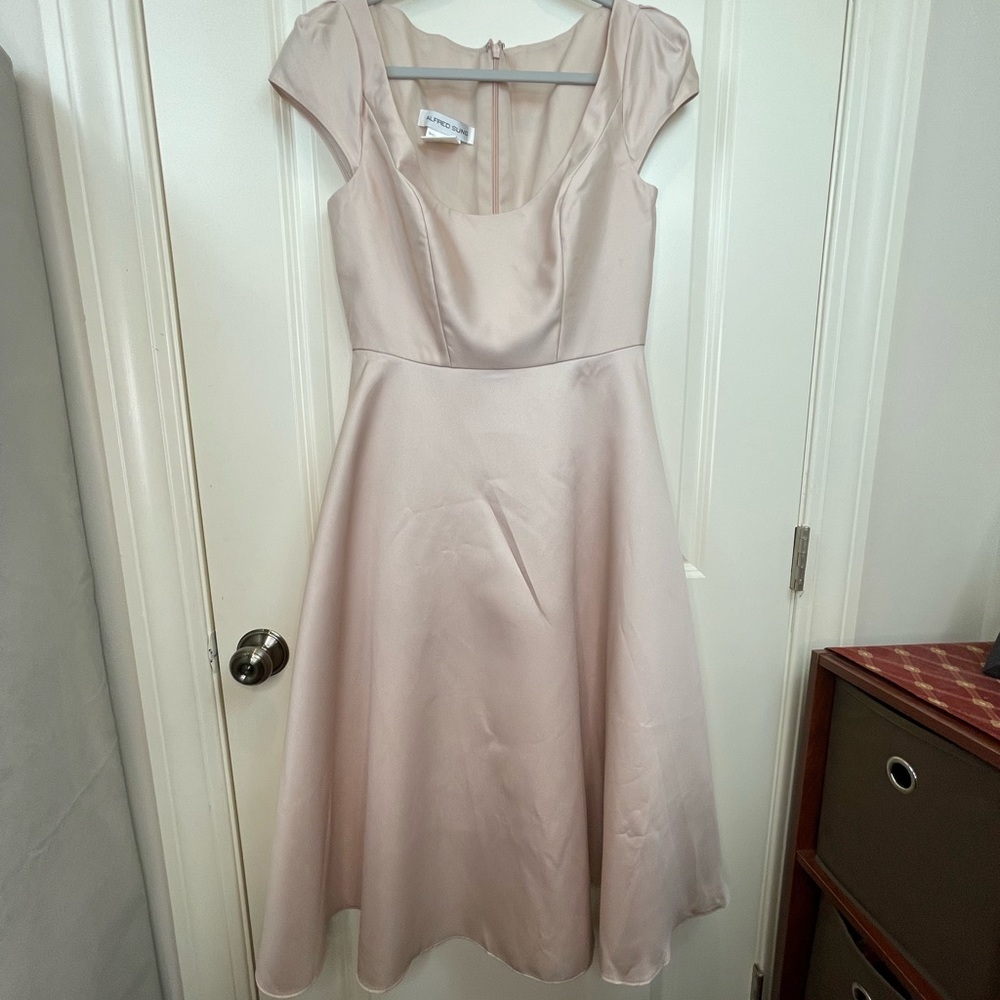 Alfred Sung Puff Cap Sleeve Full Skirt Satin Midi Dress Sz 8 - Picture 4 of 16
